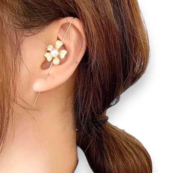 Gold Floral Pearl Pave Ear Climber Ear Cuff Statement Earring NEW - Picture 1 of 3
